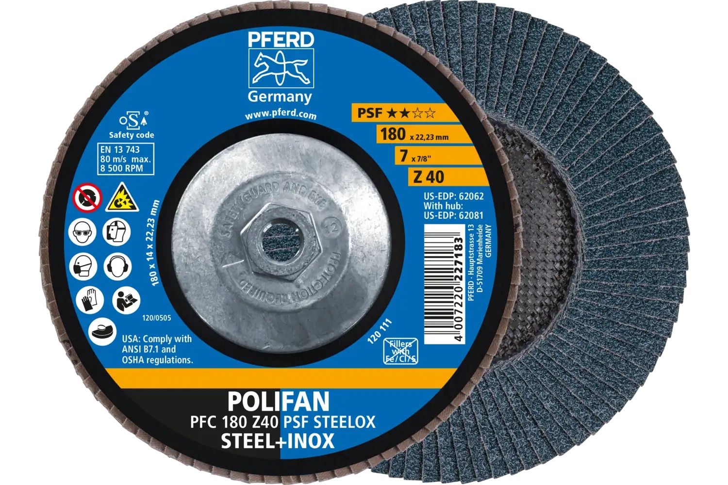 Picture of Pferd Flap Disc, 7" x 5/8-11, Z PSF Steelox, 40 Grit, T29, Conical, Zirconia